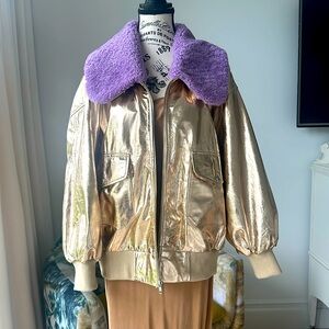 Batsheva Metallic Gold Bomber with Plush Purple Collar